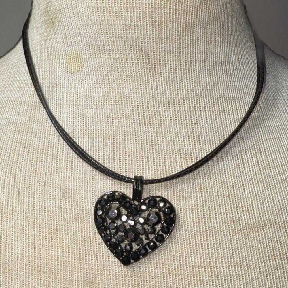 -NECKLACE Black Marcasite On Black 19” Heart Shaped - Picture 9 of 12